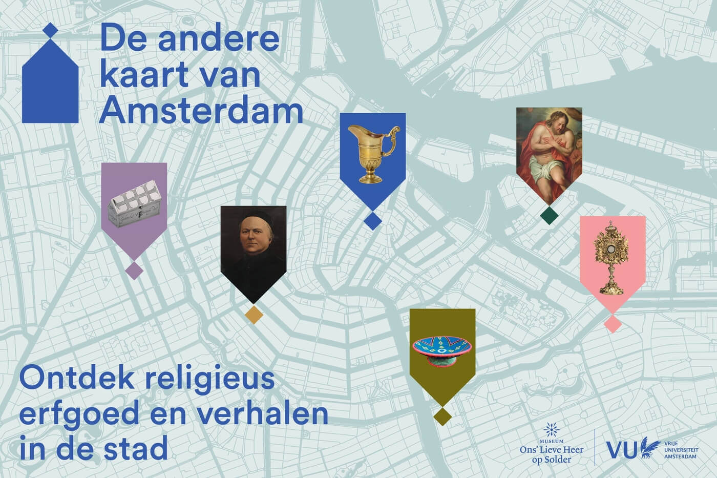 De andere kaart van Amsterdam - een afbeelding met een kaart van Amsterdam waarop enkele plaatsen zijn gehighlight met een pin.